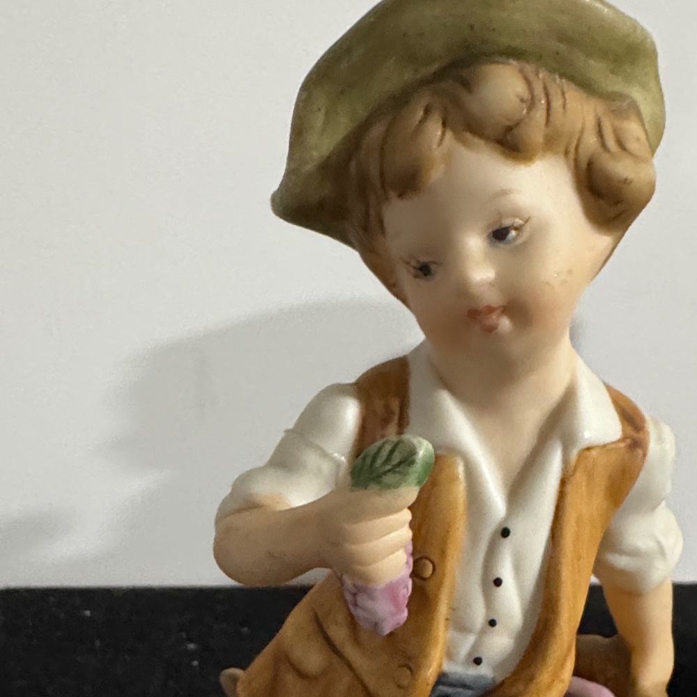 vintage hand-painted porcelain figurines of a boy and girl carrying baskets. - Picture 3 of 16